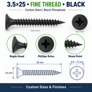 Tornillo <span class=keywords><strong>para</strong></span> paneles de yeso de acero al carbono Grado 8, rosca fina 3.5x25, punta Phillips, zincado negro, <span class=keywords><strong>para</strong></span> construcción de montantes metálicos y placas de yeso. - Product Image 2