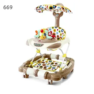Yüksek ve düşük ayarlanabilir 4-in-1 değişken sallanan at bebek yürüteci ile müzik oyuncak yemek tabağı/döner tekerlekler bebek yürüteci satılık
