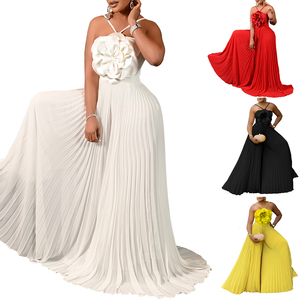 Elegante Mono Largo Plisado con Flores 3D y Cuello Halter para Mujer, de Cintura Alta, Pierna Ancha, Tirantes Finos y Cremallera, Ideal para Fiestas, Clubes y Bodas - Product Image 1