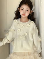 Ensemble pull tricoté chaud pour filles, motif floral blanc, manches longues, col rond, style décontracté, tenue d'hiver + jupe courte