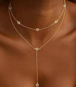 Exquisita Cadena de cuentas en capas chapada en oro de 14K, cadena de labios, collar cruzado de perlas CZ, collar largo delicado en Y, regalos para mujeres - Product Image 6