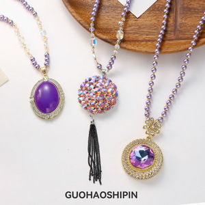 Purple Beaded Necklace With Crystal Pendant Flower Shape Party Jewelry For Women Elegant Long Chain Fashion Accessory - Product Image 4