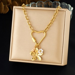 Gold Plated Flower Pearl Pendant Heart Ring Chain Stainless Steel Clavicle Necklace Gift Jewelry - Product Image 1