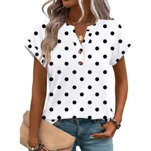 Women Polka Dot Short Sleeve Blouse V Neck Button Down Casual Work <b>Top</b> S-3XL - Product Image 1