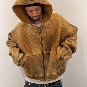 Sweat-shirt à capuche zippé pour homme en coton personnalisé, épais, thermique, coupe oversize, tricot gaufré, uni, style vintage, effet vieilli et délavé à l'acide - Product Image 1