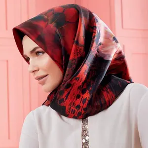 Hijab 90 quadrado estampado feminino, impressão digital personalizada lenço cetim de seda quadrado