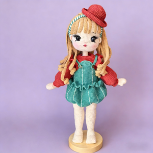 Muñeca Mila Tejida a Mano, con Sombrero Rojo y Vestido Verde con Tirantes, Pelo Largo Amarillo y Aproximadamente 32 cm de Altura - Product Image 5