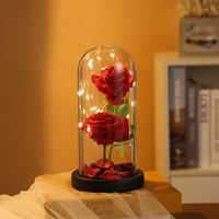 Cadeau de Saint-Valentin Deux Fleurs Éternelles Conservées sous Cloche en Verre avec Lumières LED Rose Éternelle Ornements Cadeau Fête des Mères Décoration Maison