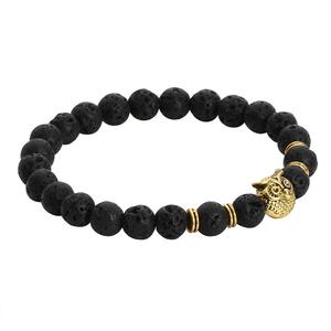 Pulsera de piedra volcánica de lava negra de 8mm para hombre, cuentas de búho de aleación, pulsera elástica para regalo - Product Image 6