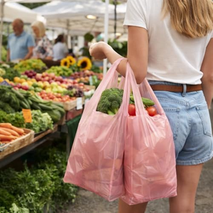 Sac en <span class=keywords><strong>plastique</strong></span> rose personnalisé avec impression « Merci » pour courses alimentaires, en PEHD/PEBD, prix usine YC, pour emballage - Product Image 4