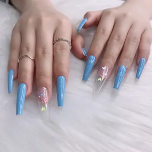 2022 Tszs 24 Pcs Blauw Lange Doodskist 3D Valse Nagels Kunstmatige Vingernagels Druk Op Nagels Tips