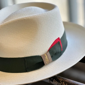 Unisex White Panama <b>Hat</b> With Green Ribbon <b>Band</b> Straw Fedora Beach Summer Accessory - Product Image 2