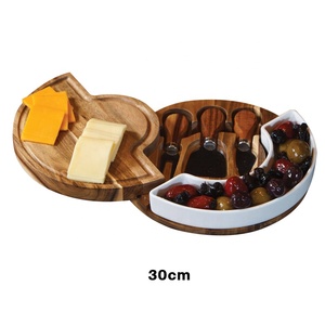 Amazon hot selling products wooden food charcuterie platter acacia wood round rotary cheese board box set