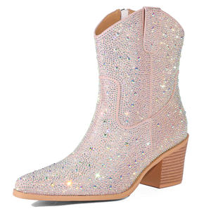 SHIKOL, botas vaqueras para mujer, zapatos de mujer, <span class=keywords><strong>botines</strong></span> de gamuza para mujer, botas de moda de media pantorrilla para fiesta de boda, botas negras con diamantes de imitación <span class=keywords><strong>plateados</strong></span> - Product Image 4