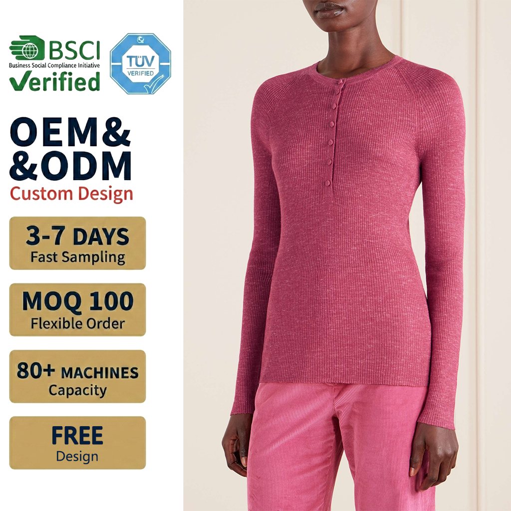 Women Striped Winter Casual Henley Knit Wool/Acrylic Top OEM Factory Custom Ribbed Long Sleeve Raglan Extended Shirt Wholesale