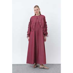 Robe-veste bordeaux pour femme avec manches à volants, coupe ample, tissu tissé, robe de travail confortable - Product Image 4