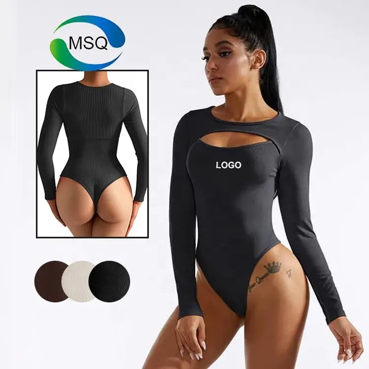 Egzersiz Romper kadınlar uzun kollu sıkıştırma yumuşak nervürlü zayıflama seksi tanga Bodysuit