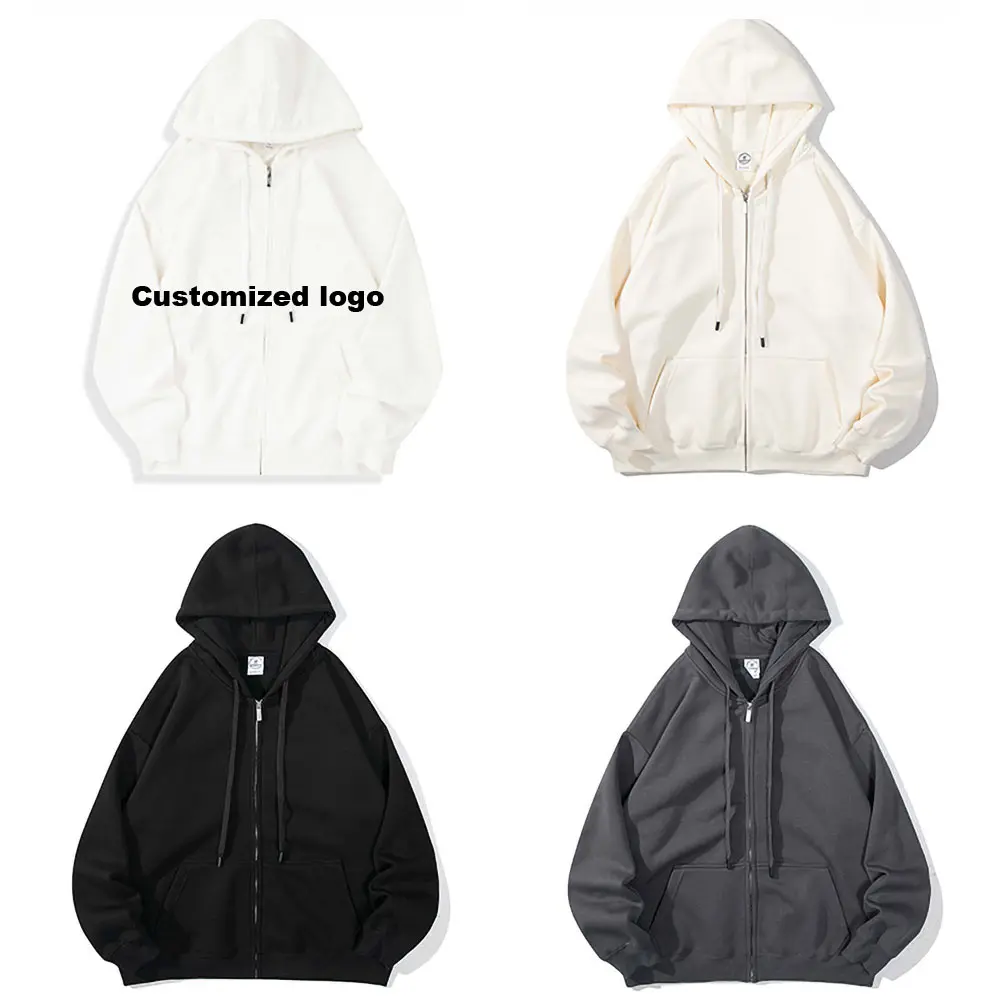 Hoodie de grandes dimensões com capuz com zíper OEM com logotipo personalizado Streetwear casaco solto com capuz sólido