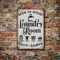 Panneau métallique rétro vintage pour décoration murale de buanderie avec icônes de lavage, séchage, pliage et repassage, idéal pour la maison ou les laveries en libre-service