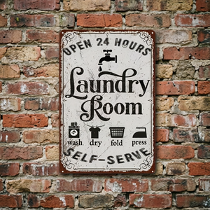 Letrero Metálico Retro Vintage para Lavandería con Iconos de Lavado, Secado, Planchado y Pliegue para Decoración de Lavanderías de Autoservicio en el Hogar - Product Image 1