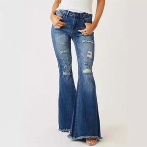 Nouveau Jean Évasé Femme Style Européen et Américain Extensible, Effet Délavé, Bords Bruts, Détails Déchirés, Tendance - Product Image 1