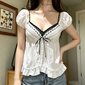 Women's Summer Lace V Neck Layered Two Piece Top Sweet Casual Bow <b>Tie</b> Front High Waist Slimming Short Sleeve T-Shirt - Product Image 1