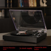 Platine Vinyle Rétro Noire avec Haut-parleur Intégré, Phonographe de Bureau en Bois pour la Maison