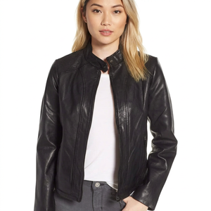 Veste en cuir noire ouverte sur le devant pour femme, col montant, manches longues, style décontracté, veste en cuir moderne et tendance pour femme - Product Image 2