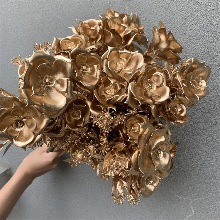 O-351 neue Produkt billige künstliche Blume Gold Rose Faux Kunststoff Rose Gold Blumen für Hochzeit Home Decor