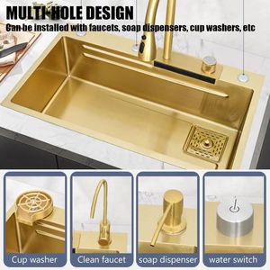 Évier de <span class=keywords><strong>cuisine</strong></span> de luxe en acier inoxydable <span class=keywords><strong>doré</strong></span>, grand bac unique, design carré, avec <span class=keywords><strong>robinet</strong></span> à quatre trous pour laver et couper les légumes - Product Image 2