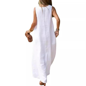 <span class=keywords><strong>Abbigliamento</strong></span> da <span class=keywords><strong>donna</strong></span> abiti eleganti da <span class=keywords><strong>donna</strong></span> in <span class=keywords><strong>lino</strong></span> di cotone senza maniche tinta unita ampio scollo a V abito Casual - Product Image 5