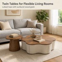 Ensemble de tables basses contemporaines en placage de bois avec plateau stratifié, tables gigognes à motif floral en forme de pétale, base en bois grainé crème effet soleil pour salon