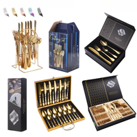 Ensemble de couverts en acier inoxydable 410 plaqué or, 24 pièces, service pour 6 personnes, boîte cadeau en bois avec logo personnalisé, fourchette, couteau, cuillère pour mariage
