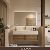 Meuble-lavabo mural de luxe Wabi Sabi avec dessus en travertin naturel, tiroirs en bois massif et armoire miroir LED pour hôtel et villa