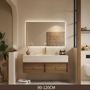 Meuble-lavabo mural de luxe Wabi Sabi avec dessus en travertin naturel, tiroirs en <span class=keywords><strong>bois</strong></span> massif et armoire miroir LED pour hôtel et villa - Product Image 6