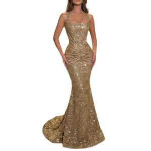 Abito <span class=keywords><strong>da</strong></span> sera elegante <span class=keywords><strong>da</strong></span> <span class=keywords><strong>donna</strong></span> con paillettes dorate, scollo all'americana, dettagli arricciati, strascico a <span class=keywords><strong>sirena</strong></span>, vestibilità slim, perfetto per feste e occasioni formali - Product Image 5