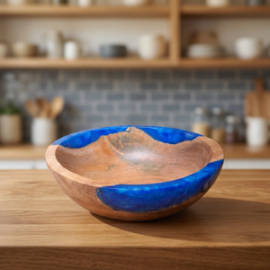 Bol en bois fait main avec incrustation de résine bleue, design moderne, pour servir des aliments, offrir en cadeau - Product Image 3