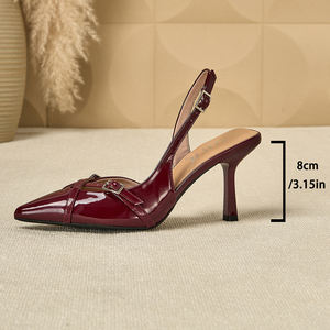 Chaussures habillées élégantes pour femmes à talons hauts en cuir verni de luxe, à bout pointu et bride arrière avec boucle - Product Image 6