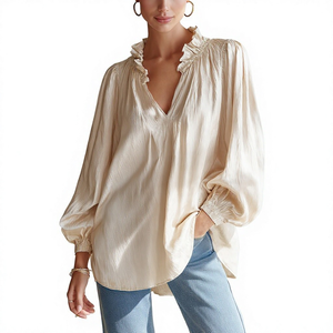 Blusa informal holgada con volantes, cuello en V, manga larga abullonada y transpirable para mujer, recién llegada. - Product Image 1