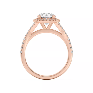 Bague de fiançailles pour femme en or rose 18 carats avec halo de diamants à 4 griffes et double pavé sur le sertissage - Product Image 4