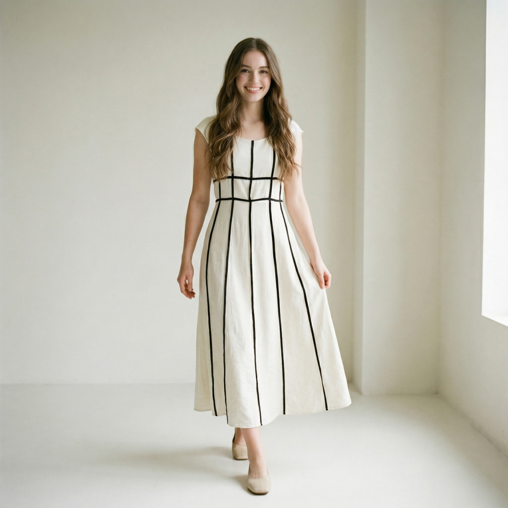 Black and White Dress Long Sleeve - A-Line Midi Vintage