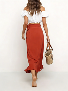 Falda Midi de Verano para Mujer Talla Grande - Falda Cruzada Roja Sandía con Dobladillo con Volantes, Perfecta para el Trabajo, Vacaciones y Citas - Product Image 3