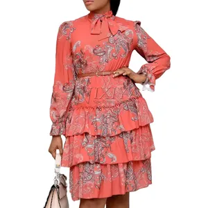 ファッションカスケードフリルドレス花柄シフォンドレス夏の女性長袖レディースドレス