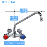 Robinet de lavabo industriel en laiton de 12 pouces avec poignée rouge et bleue, finition chromée, montage mural, deux trous, rotation à 360 degrés, facile à installer