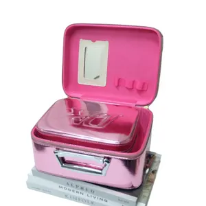 heißer verkauf rosa metallisch metall reißverschluss ausziehbehälter kosmetik etui wasserdicht glänzend make-up-box kunstleder etui für damen