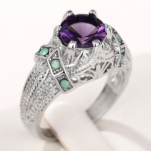 Anello da Cocktail H418 per Donna con Ametista Naturale Rotonda, Montatura a Griffe, Motivo Floreale, Anello di Fidanzamento alla Moda - Product Image 6