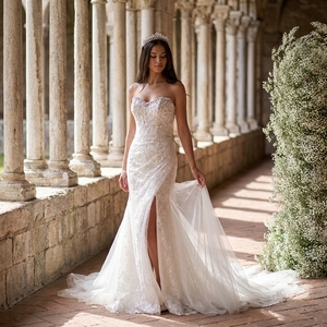Nt156 Luxury Ivory Mermaid Bridal Dress Strapless Corset Beaded Lace Applique Wedding Gown Front Slit Jancember - Product Image 1