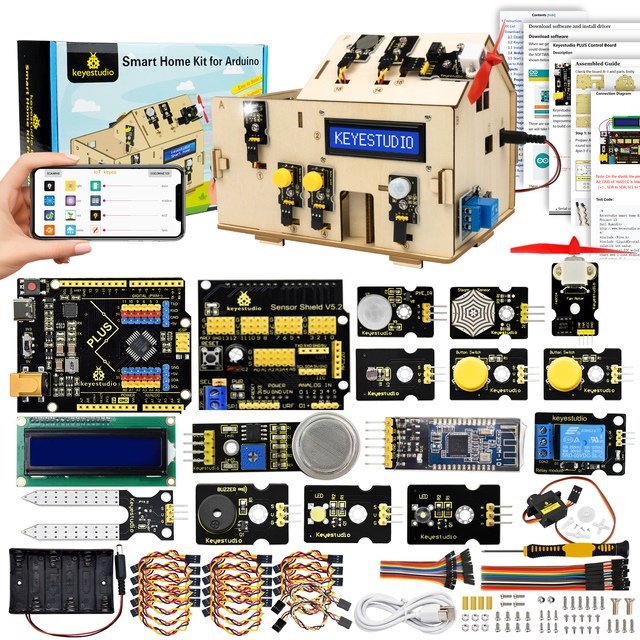 Keyestudio DIY Wooden House Electronic Component Kit STEM Program Learning Starter Smart Home Kit for Arduino
