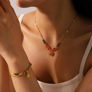 Ensemble de bijoux collier et bracelet en acier inoxydable plaqué or 18 carats de style français, pendentif soleil, mode féminine, rétro, cadeau naturel - Product Image 1