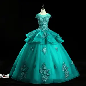 Verde/Ouro/Rosa/Cor Azul Marinho de Manga Curta Ilusão Pescoço vestido de Baile Doce Vestidos de 15 Vestidos Quinceanera Plus Size